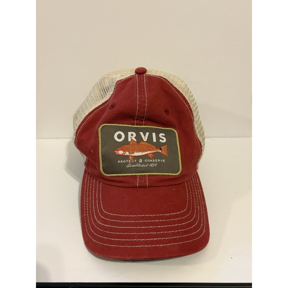 Orvis Redfish Trucker Hat Red Cream Mesh Snapback Fishing Cap Distressed